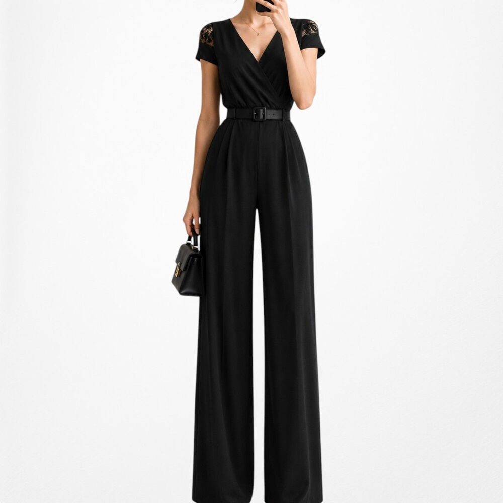 Vintage Y2K 90s Black Capped Lace Sleeve V-Neck Pleated Knit Jumpsuit Size M